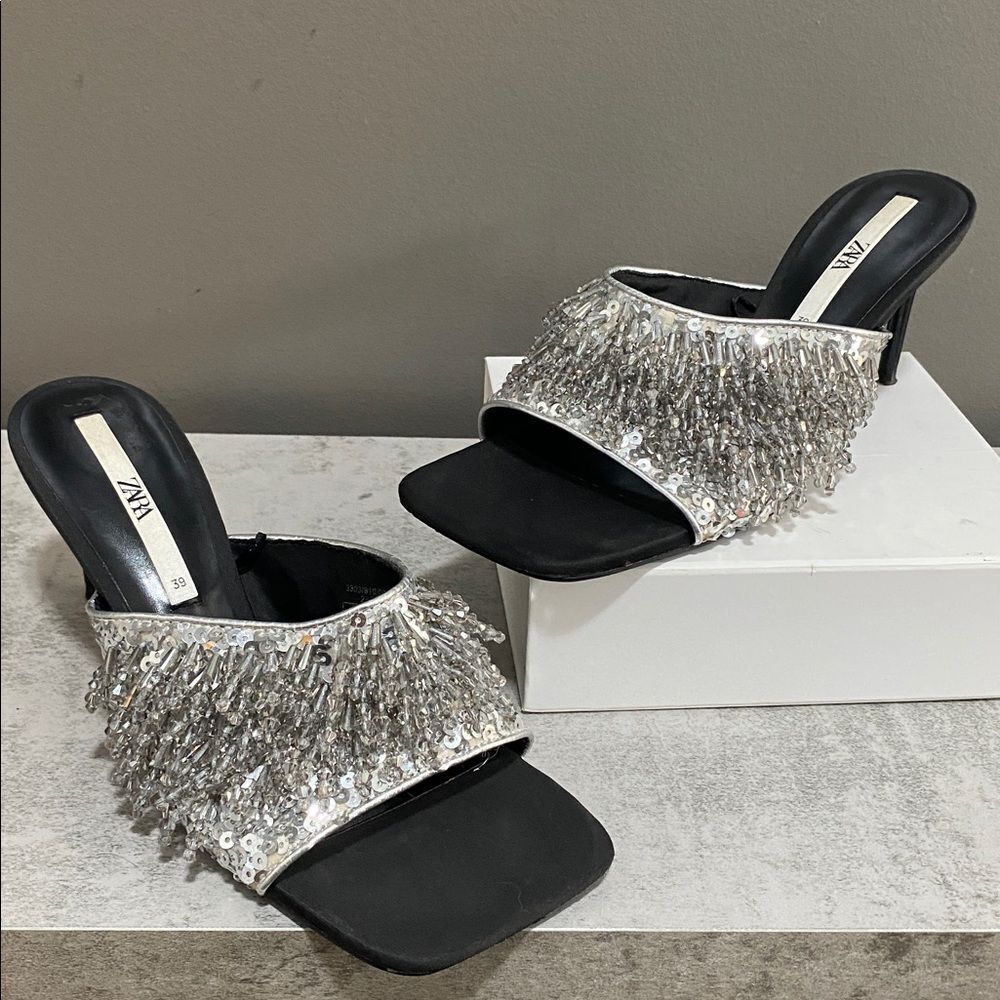 ZARA Elegant Black and Silver Women's Heels Size 39 US 9